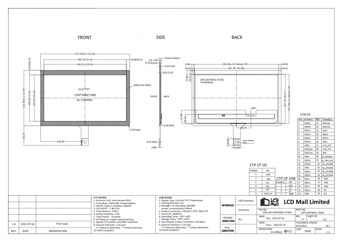 Modulo de LCD TFT de resolución CTP de 1920*1080 de 15,6 pulgadas Panel de LCD 210cd 0