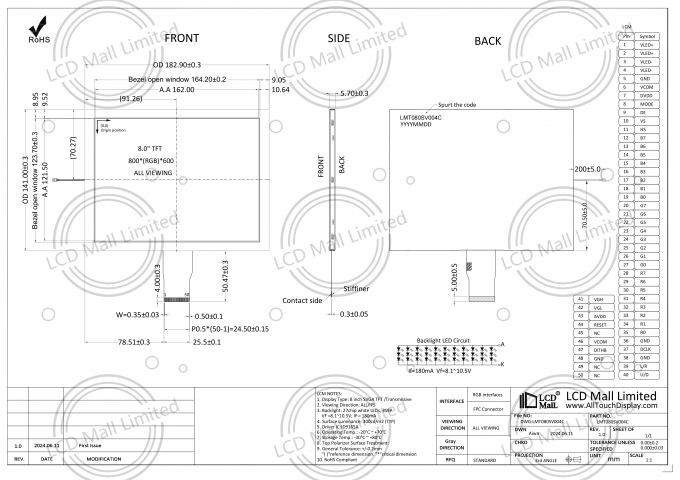 JD9165A controlador IC 8 pulgadas pantalla de LCD con 27 chips LED luz de fondo tipo 50 pines 0
