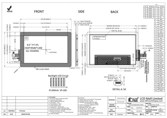 comprar Smart 8' FHD TFT LCD CTP Display 1920*1200 Pantalla LCD IPS Visualización de 1000 nits Interfaz LVDS online manufacture